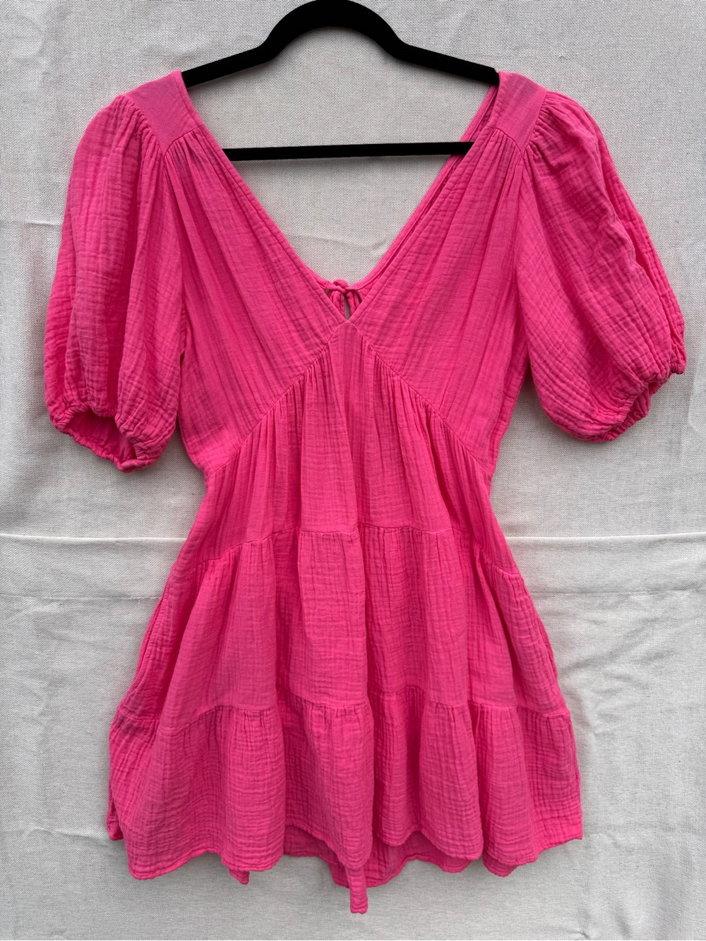 Xirena Pink Cotton Gauze Tiered Mini Dress Small Open Back Puff Sleeve Elastic